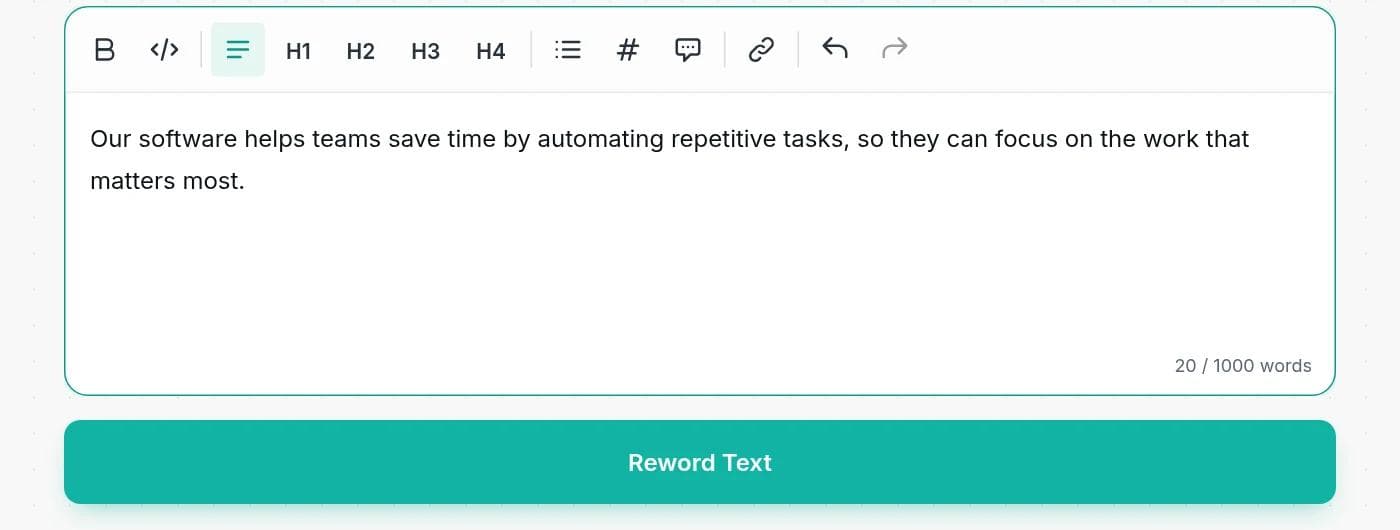 The Writingful rewording tool with a sentence pasted into the editor and the Reword Text button below it