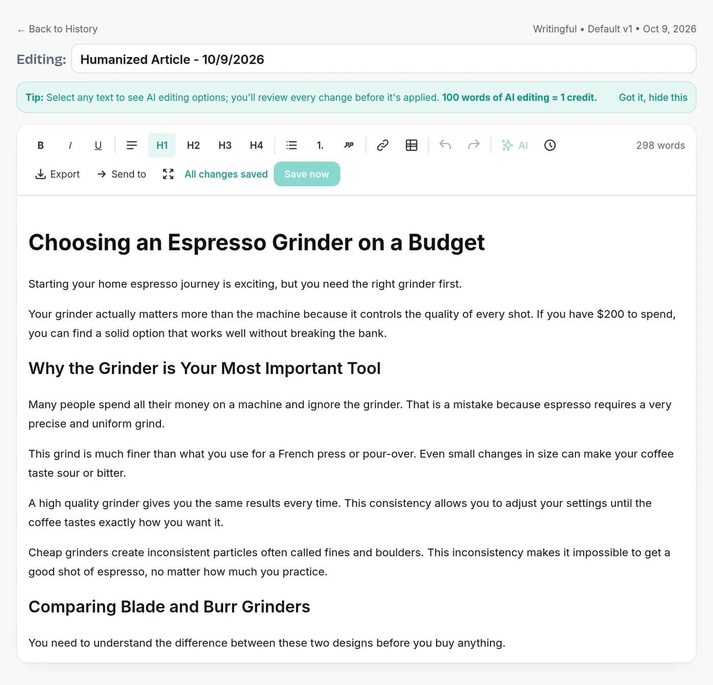 A humanized article open in the Writingful editor, with formatting tools, Export and Send to menus and a word count