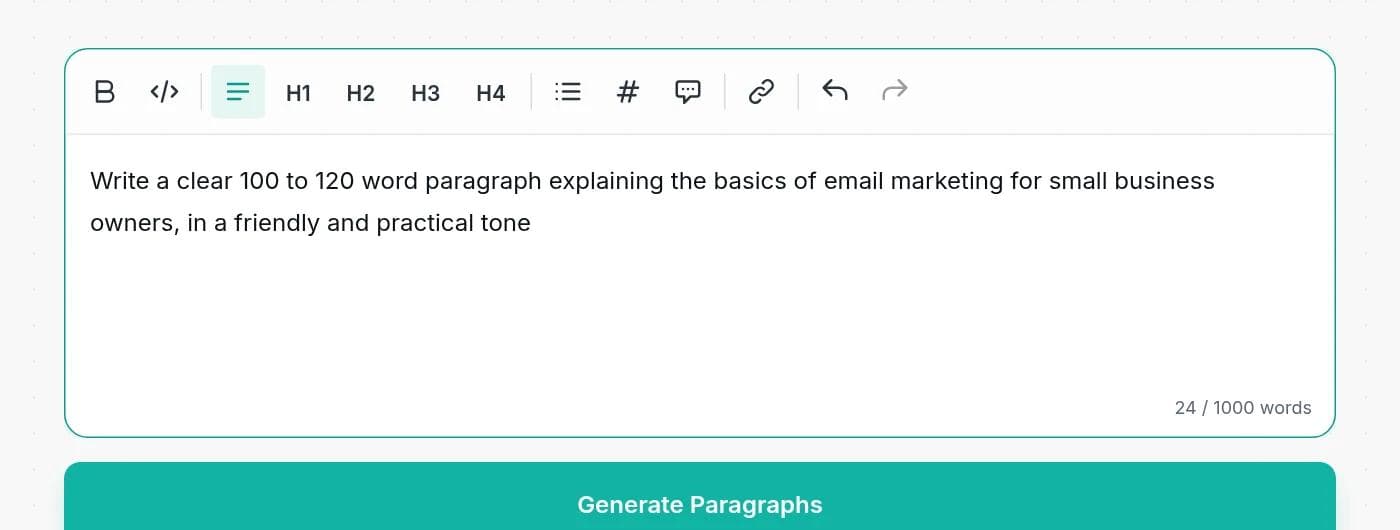 The Writingful paragraph generator with a prompt about email marketing basics typed into the editor and the Generate Paragraphs button below it