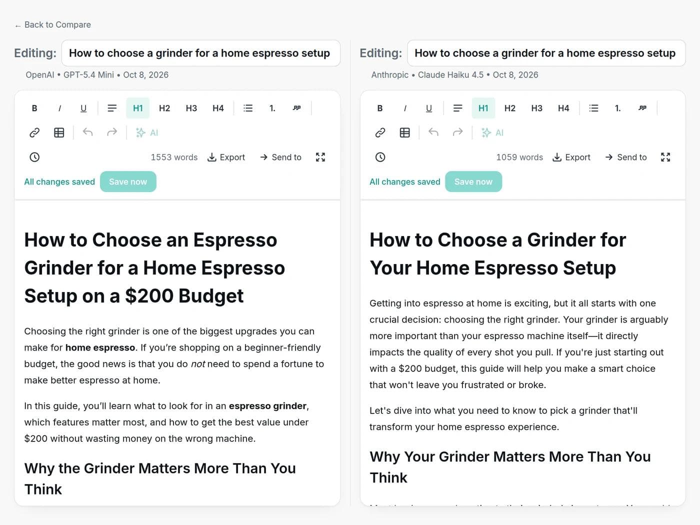 Two drafts of the same article written by GPT-5.4 Mini and Claude Haiku 4.5, shown side by side in Writingful's compare view