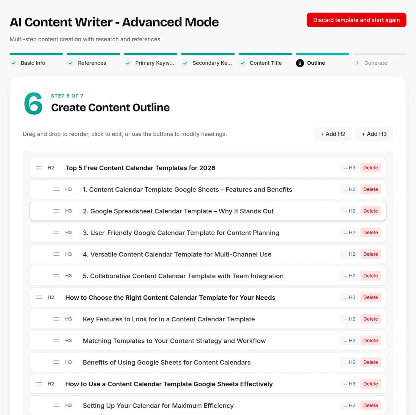 The Advanced Writer's outline step in Writingful with an editable list of headings