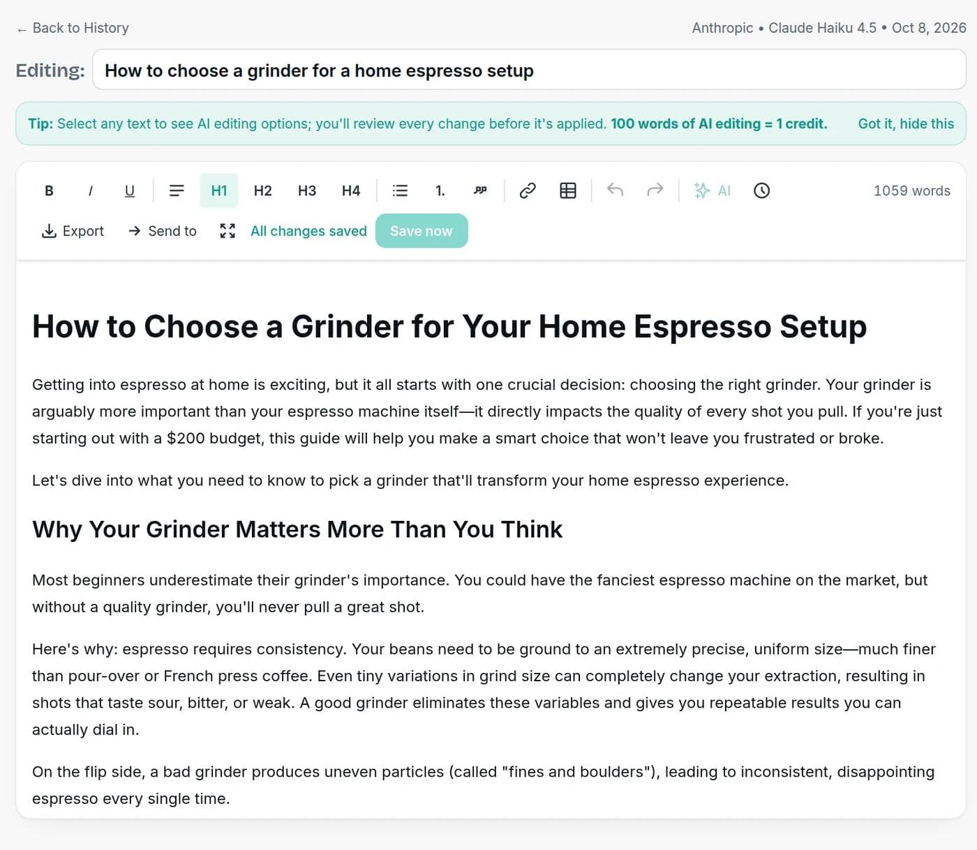 A generated article open in the Writingful editor, with formatting tools, an AI edit button, Export and Send to menus and a word count