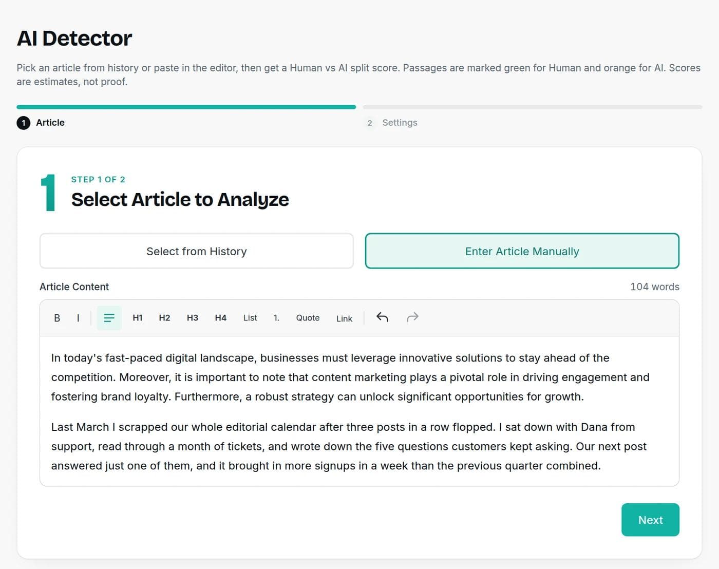 The Writingful AI Detector's first step, with options to pick an article from history or paste text into the editor