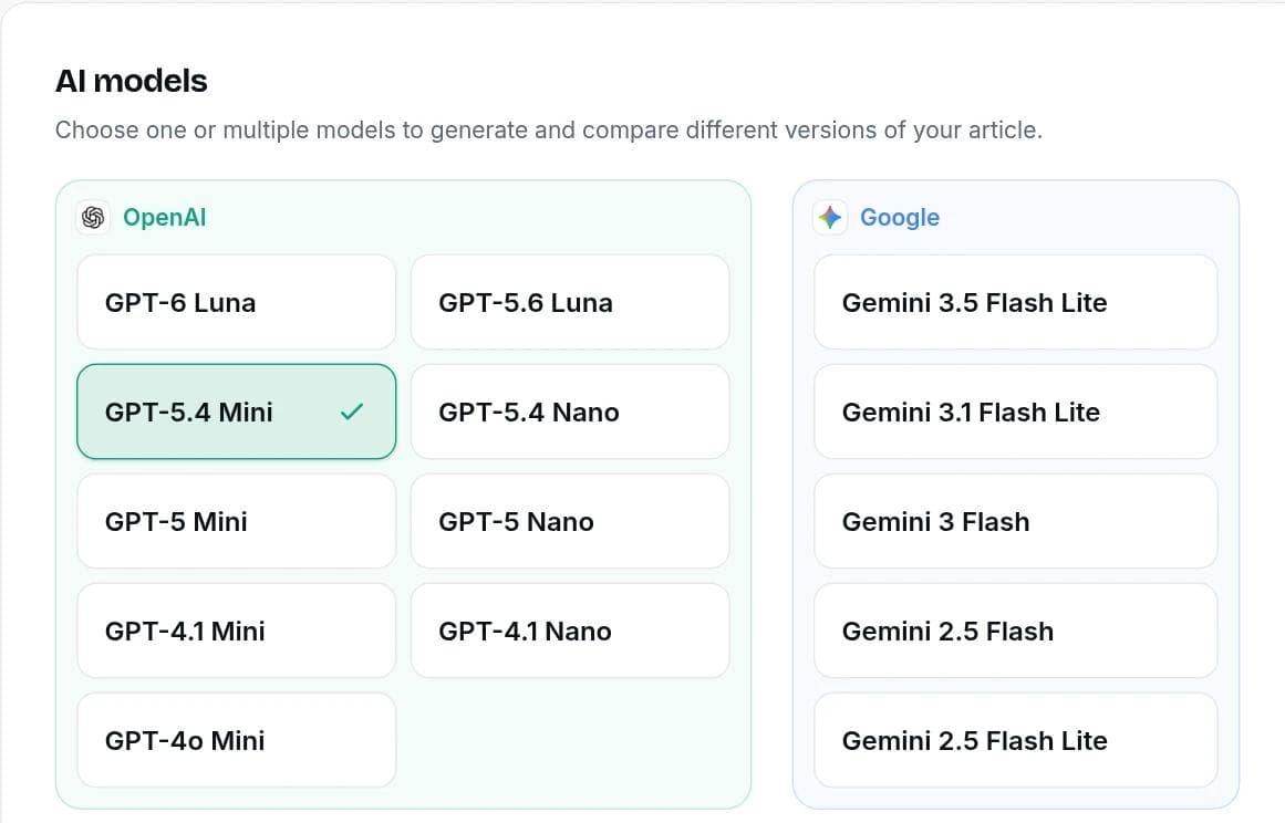 The Writingful model picker with GPT-5.4 Mini and Claude Haiku 4.5 selected, grouped by provider
