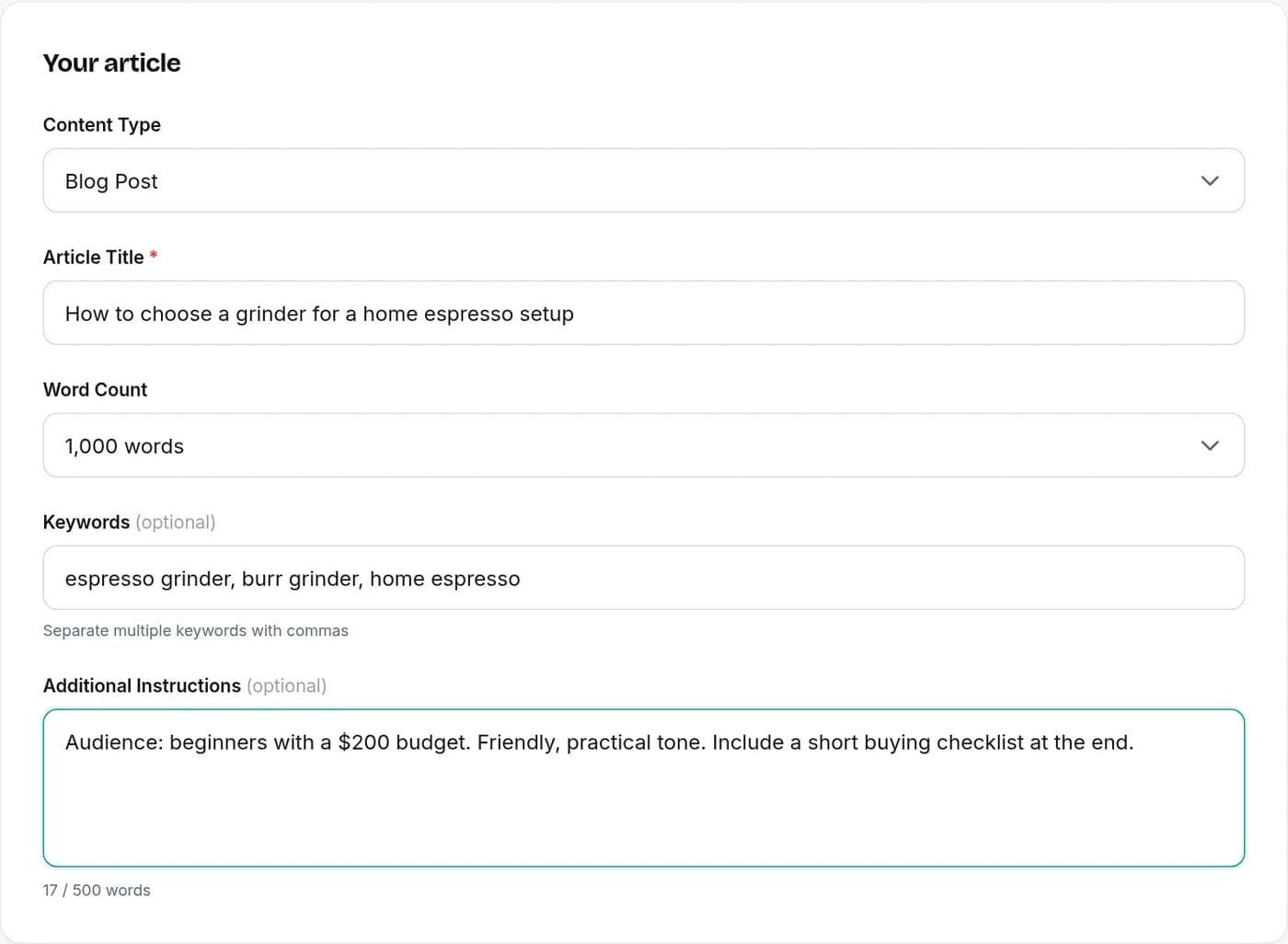 The Writingful Simple Writer form filled in with a content type, article title, word count, keywords and extra instructions