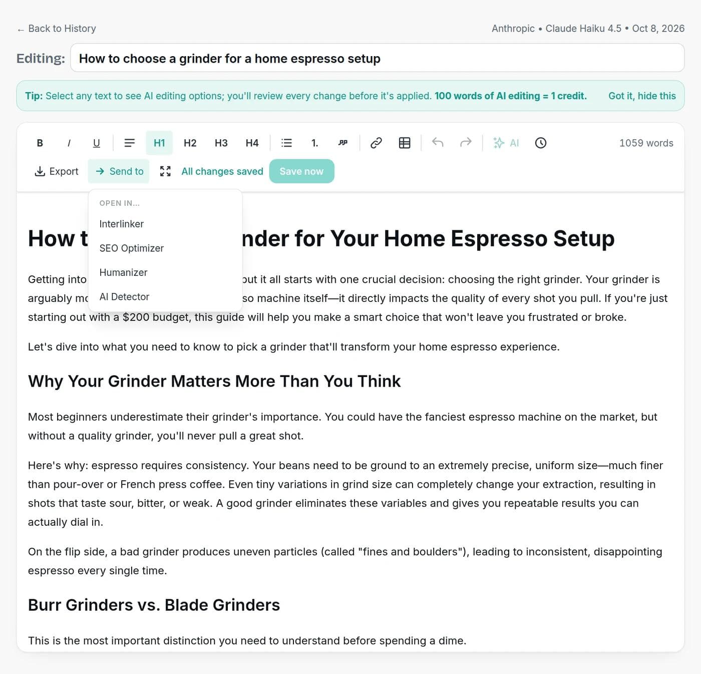 A generated blog post open in the Writingful editor with the Send to menu listing the Interlinker, SEO Optimizer, Humanizer and AI Detector