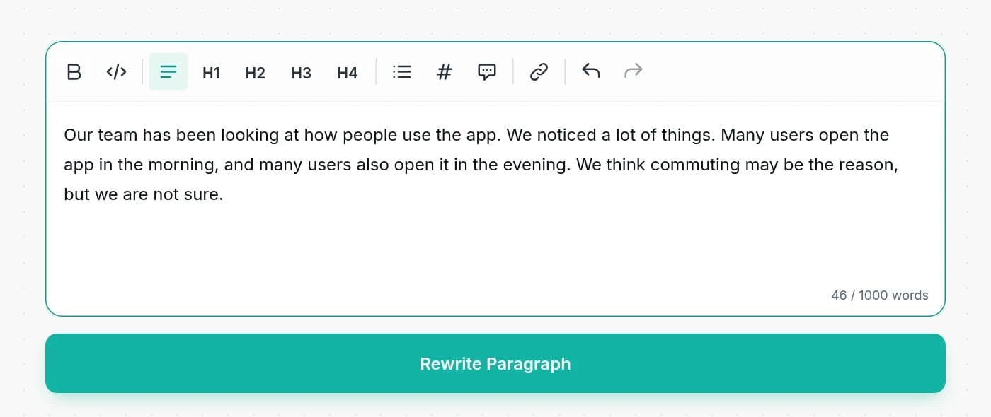 The Writingful paragraph rewriter with a paragraph about app usage pasted into the editor and the Rewrite Paragraph button below it