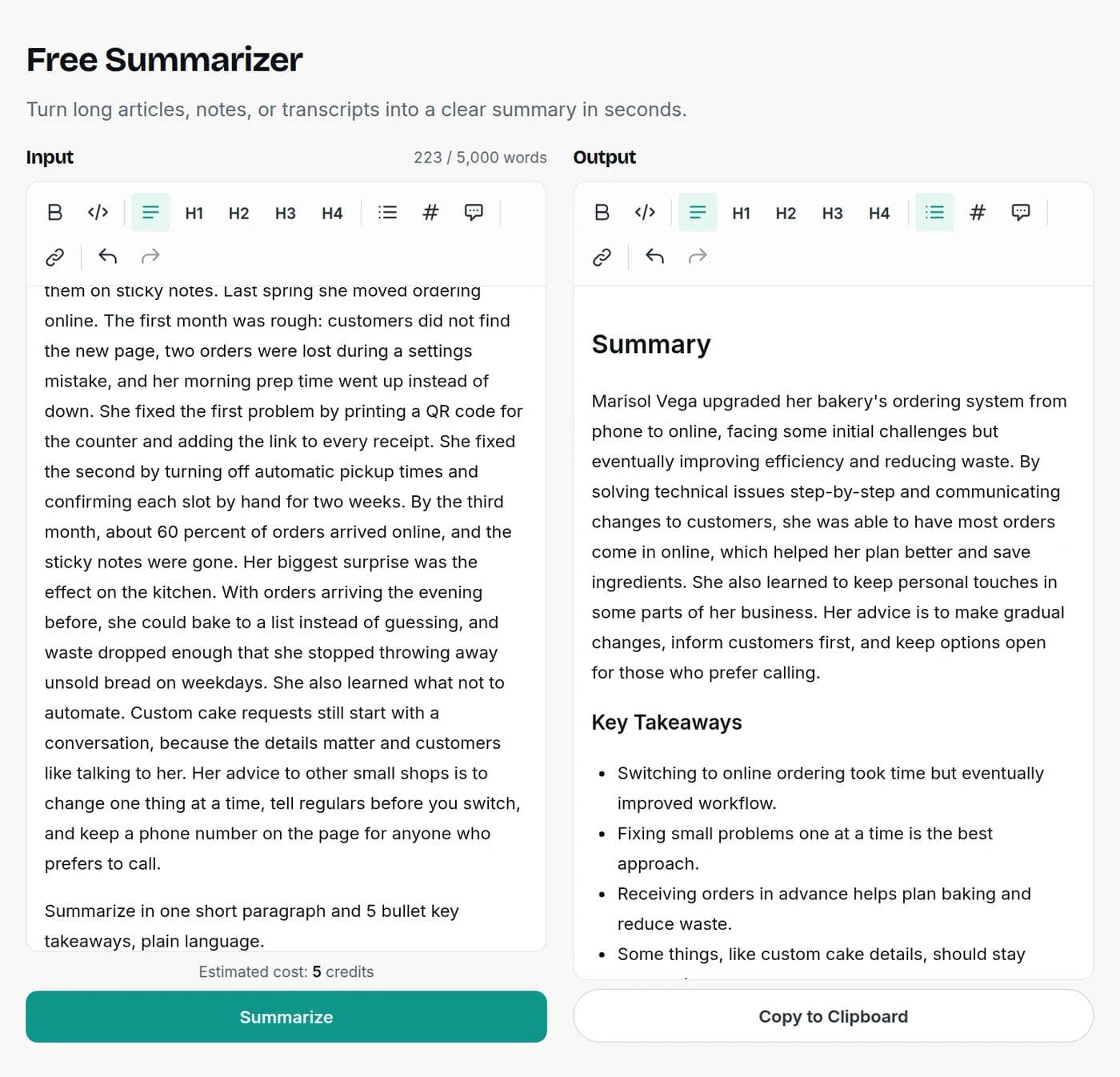 The Writingful summarizer with a pasted article on the left and the generated summary with key takeaways on the right