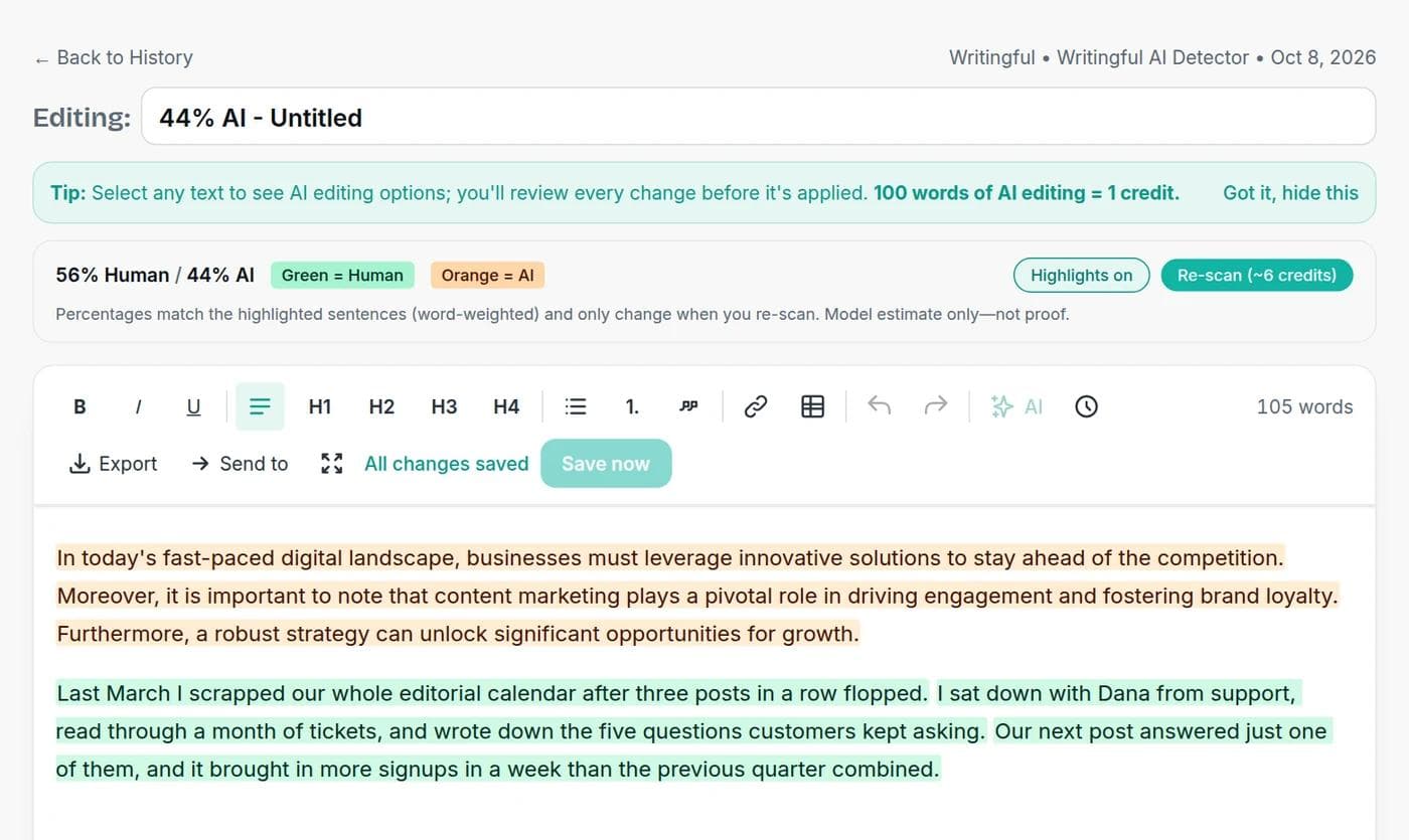 AI Detector results in Writingful showing a Human vs AI percentage split with passages highlighted green for human and orange for AI