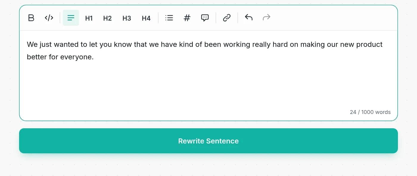 The Writingful sentence rewriter with a wordy sentence pasted into the editor and the Rewrite Sentence button below it