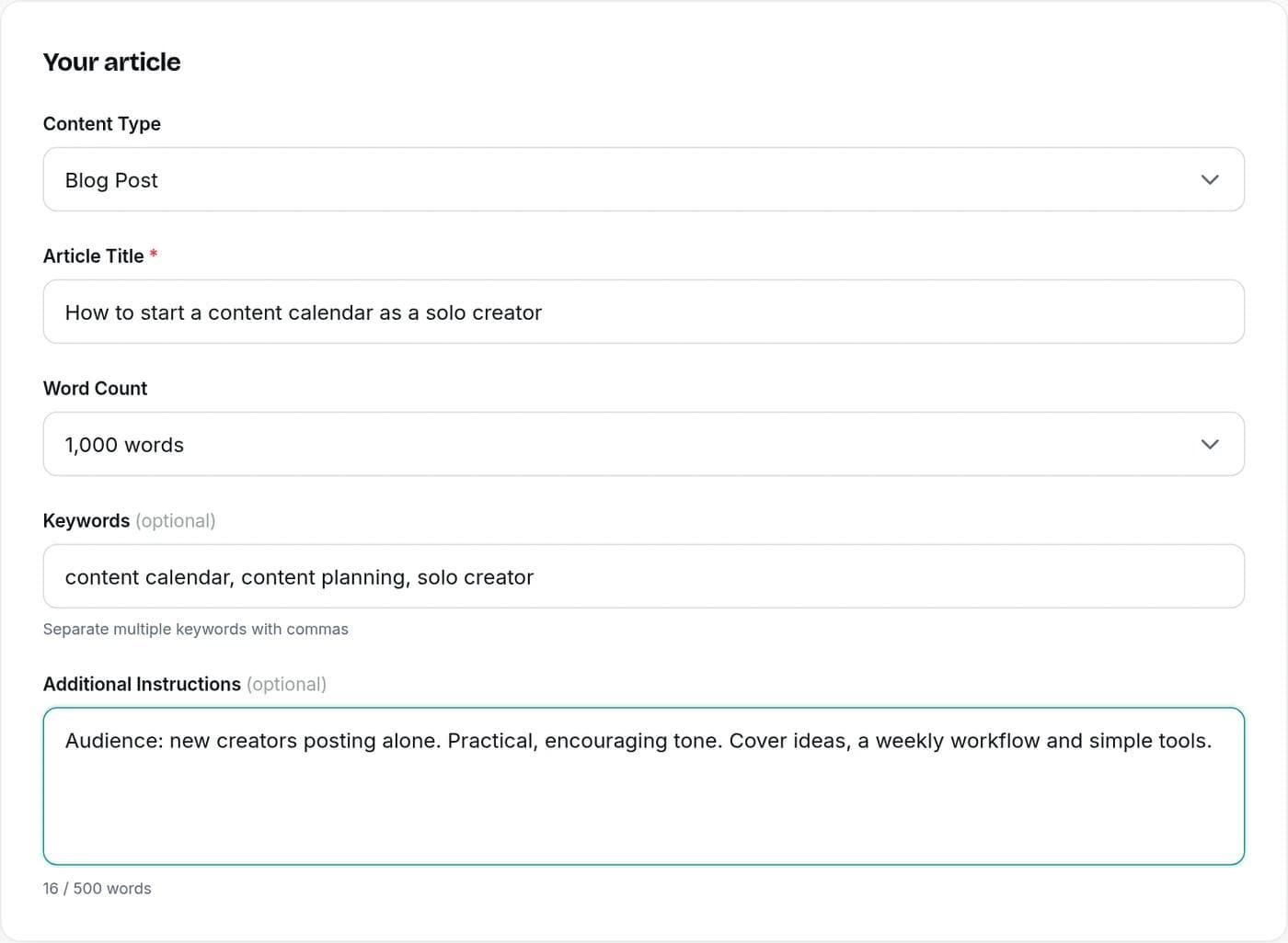 The Writingful Simple Writer with Blog Post selected, a blog title, keywords and instructions filled in